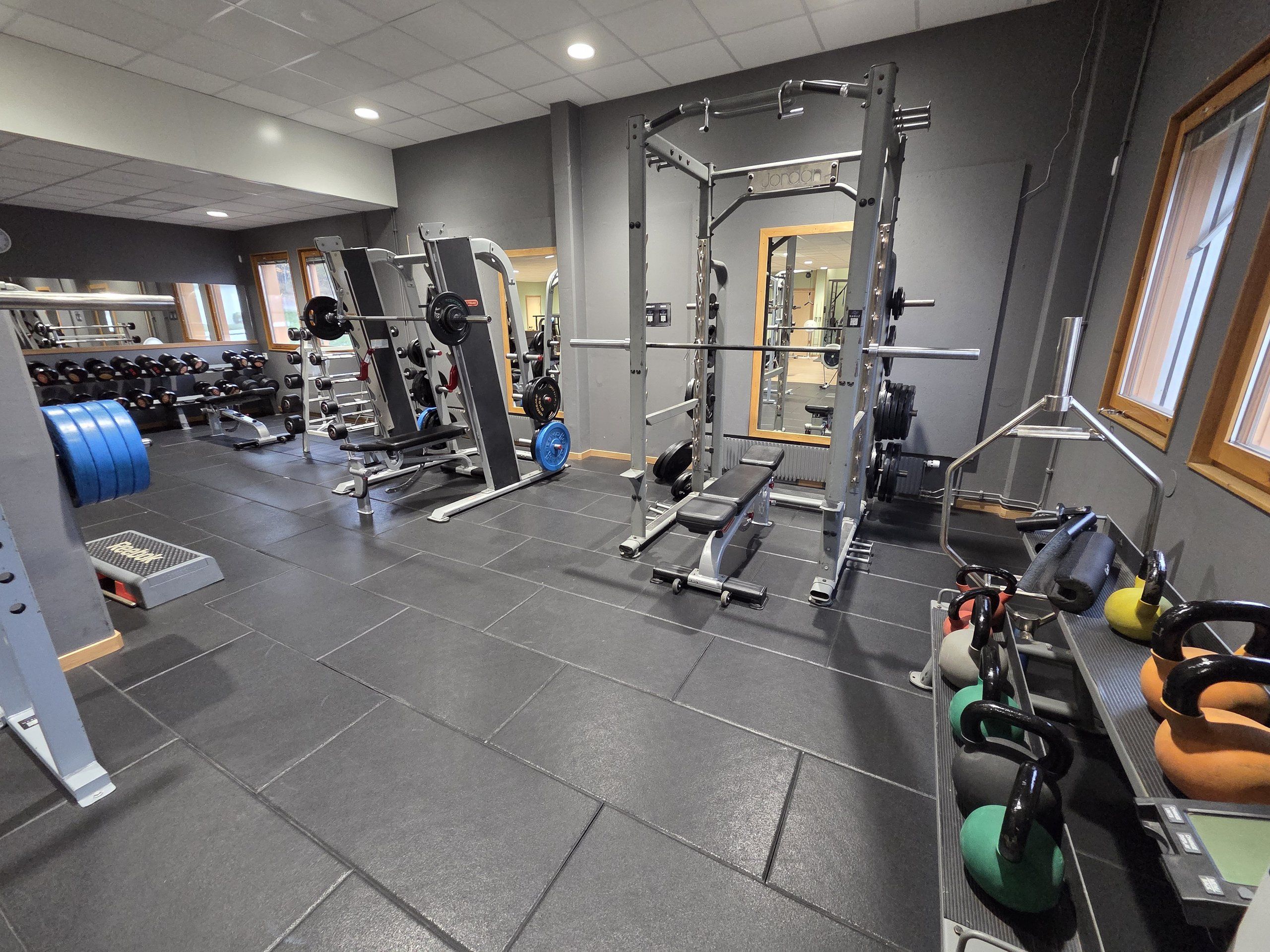 Friviktsytan med squat rack, smithmaskin, hantlar och kettlebells på gummigolv