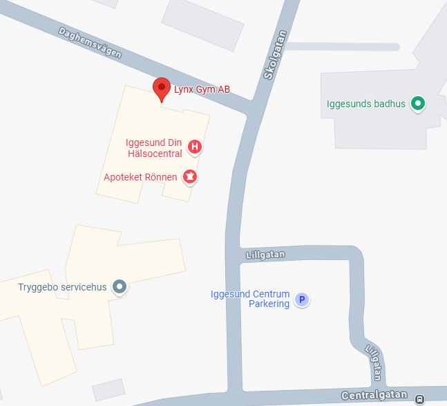 Karta över Lynx Gym på Skolgatan 1 i Iggesund, norr om Hälsocentralen och Apoteket. Öppna i Google Maps.
