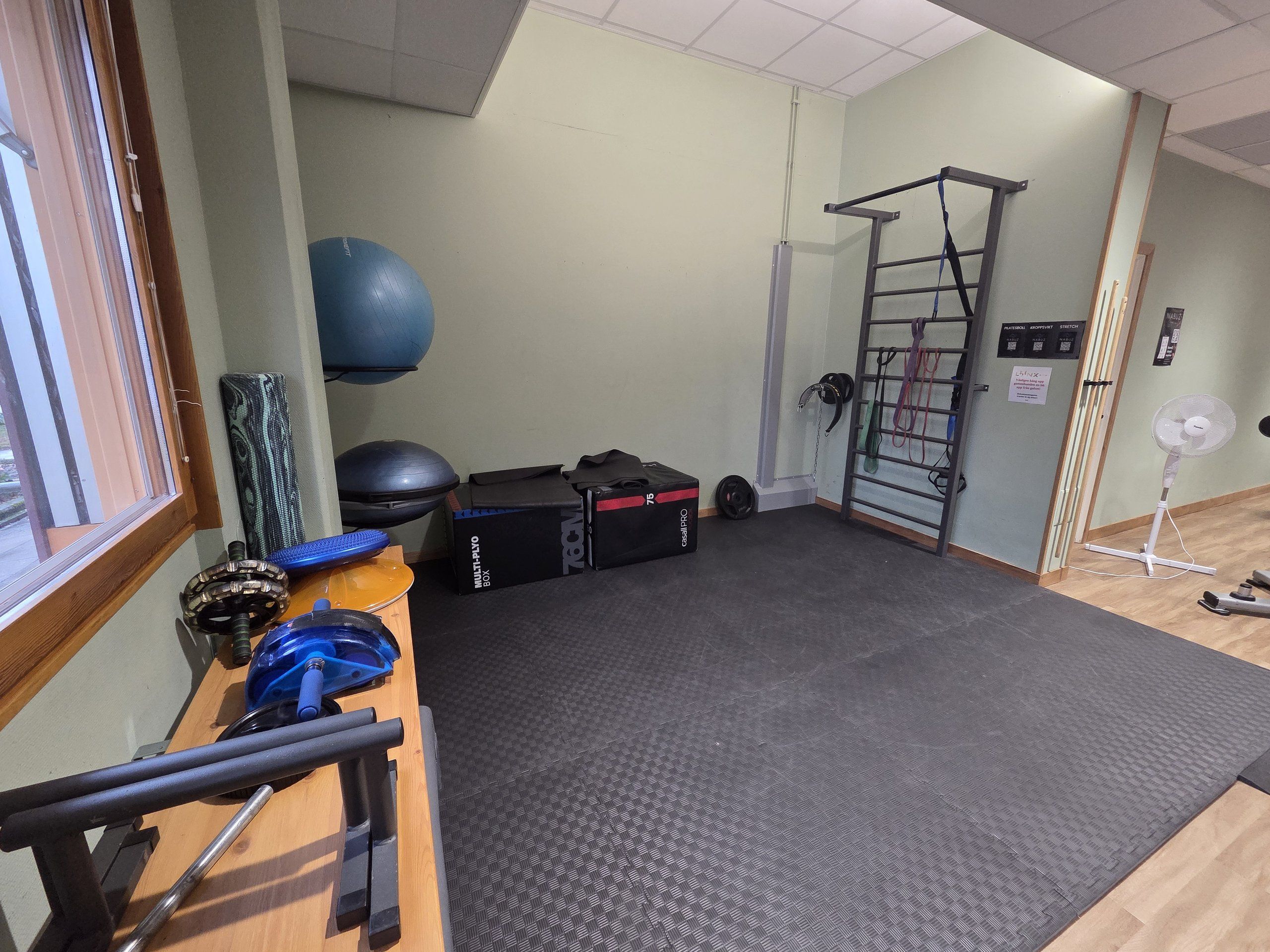 Stretchytan med mjuk matta, ribbstol, plyboxar och balansbollar